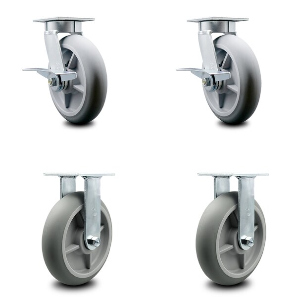 8 Inch Kingpinless Thermoplastic Rubber Wheel Caster Brakes 2 Rigid SCC, 2PK